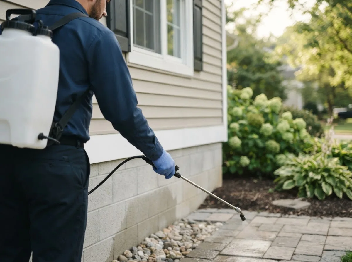 Pest control technician inspecting a home in Rhodell, WV
